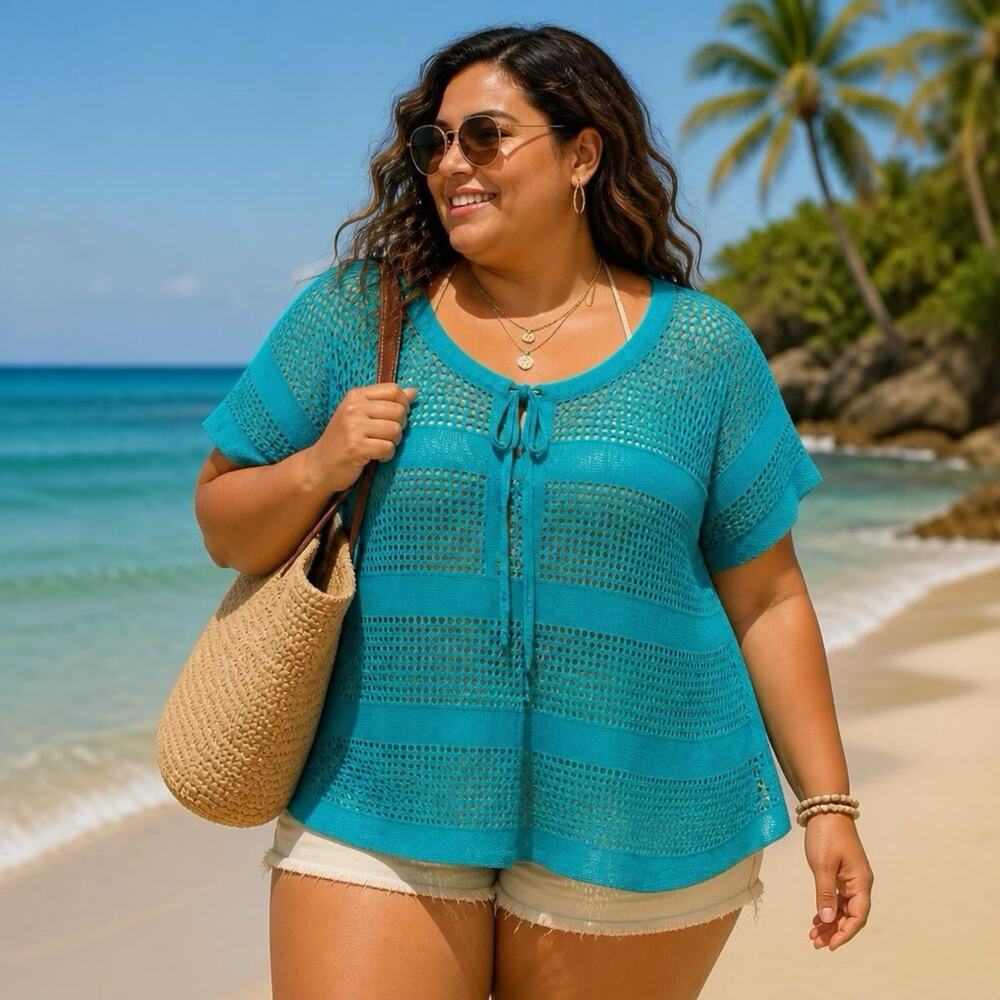 Only Nescesities Crochet Swim Cover Up Cardigan Tie Neck Boho Beach Turquoise 3X
